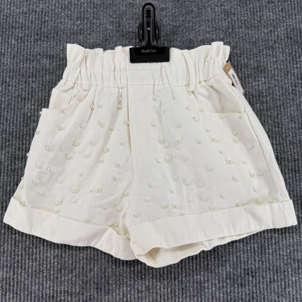 Fantastic Fawn Shorts Womens Small White New Pearl Studded‎ Paperbag Waist Denim